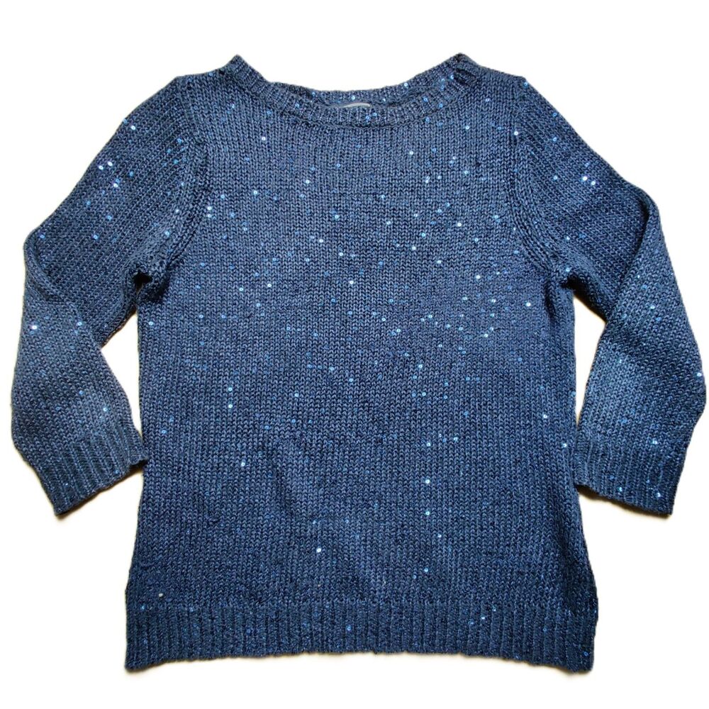 Chaps Womens Sweater PM Petite Medium Blue Sequin Knit Pullover